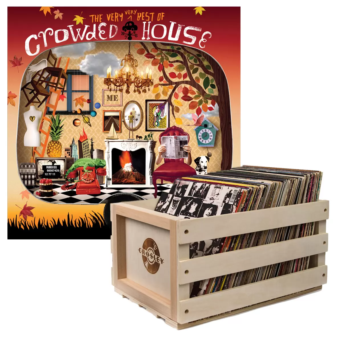 Crosley Record Storage Crate & Crowded House The Very Very Best of Crowded House Double Vinyl Album Bundle
