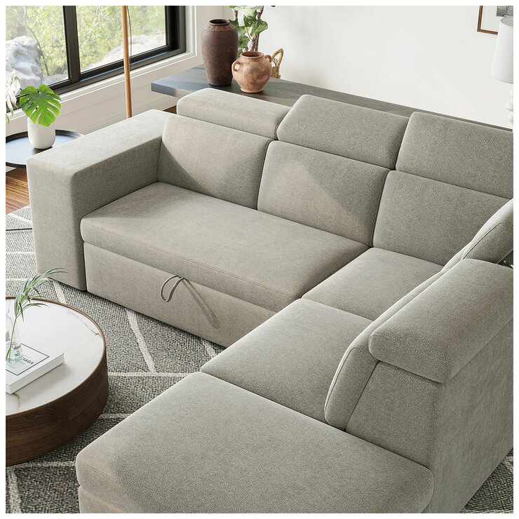 Valencia Finn Fabric Sectional Lounge Bed Right Storage Ottoman Light Grey