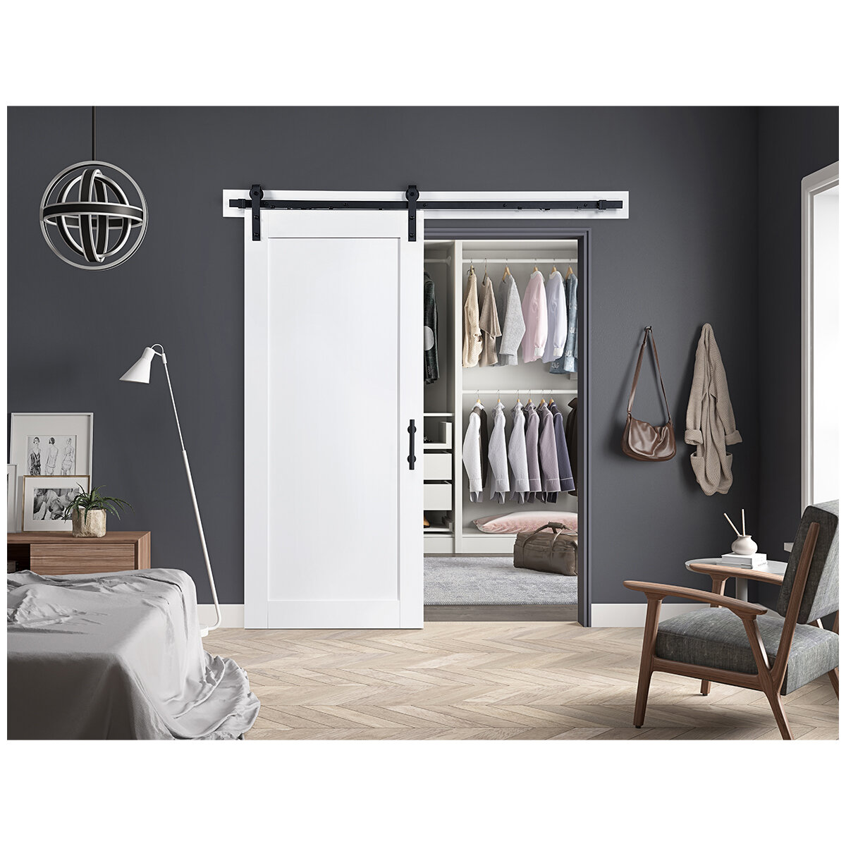 AVAH White Shaker Designed Panelled Barn Door with Soft-Closed Hardware