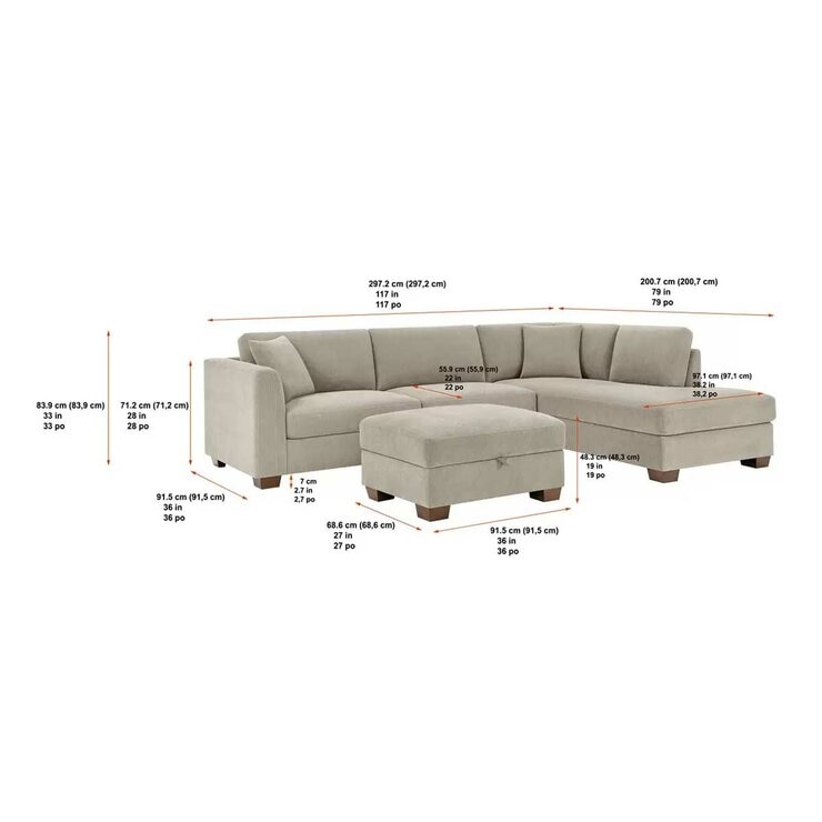 Thomasville 3 Piece Fabric Sectional with Storage Ottoman