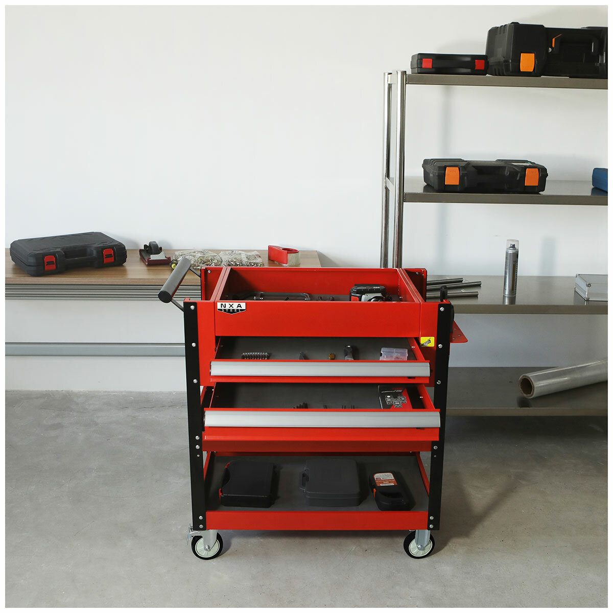 NXA 76cm Red Tool Cart with 2 Drawers & 3 Trays - 30TC2D2TR