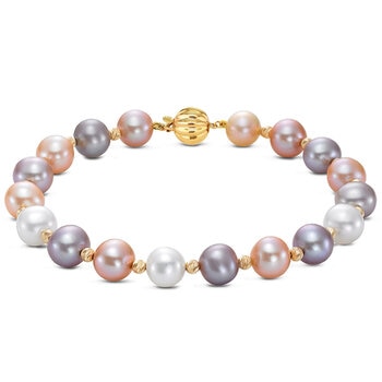 18KT Yellow Gold 8-8.5mm Cultured Freshwater Pearl And Multi Cut Beads Ball Clasp Bracelet