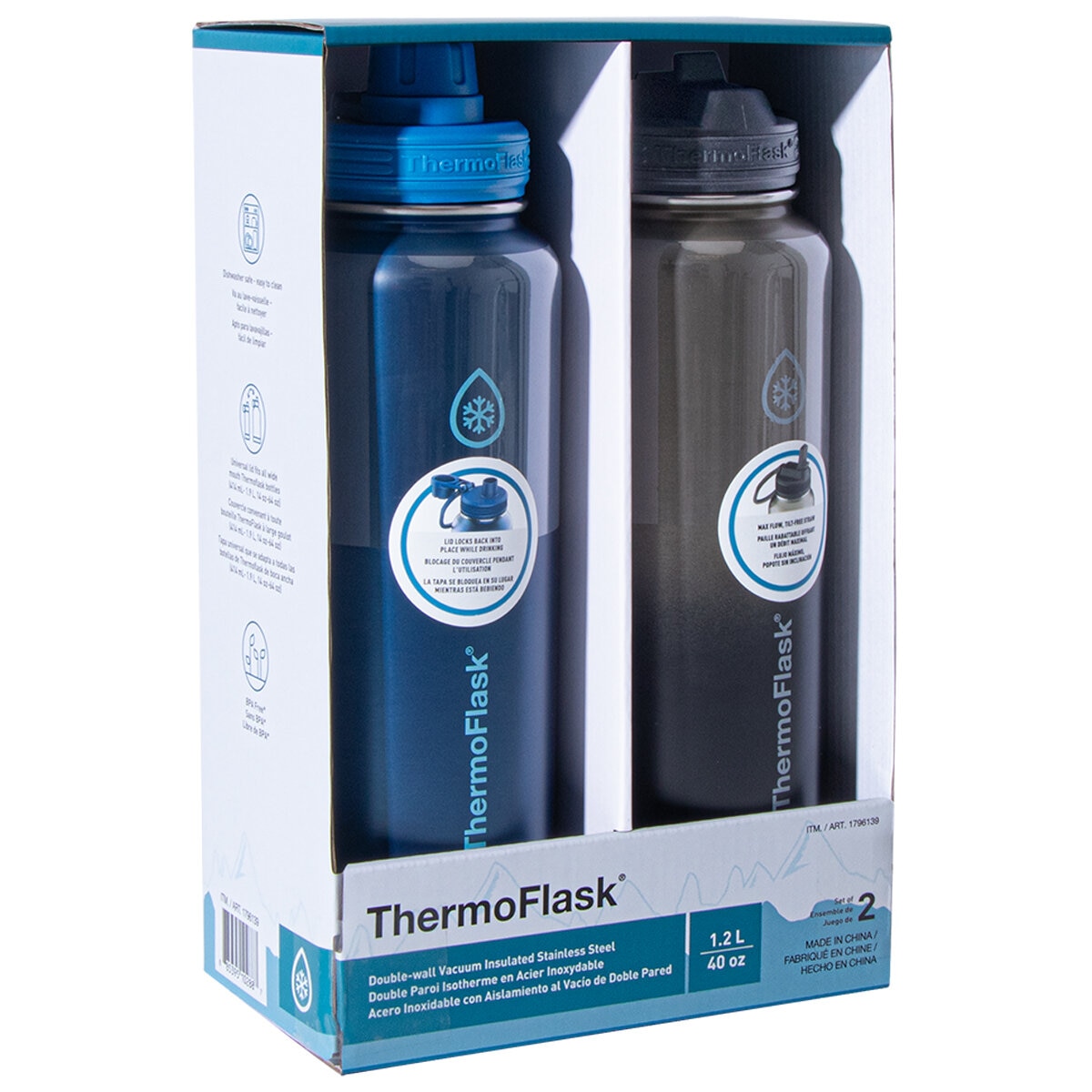 ThermoFlask Double Wall Stainless Steel Bottles With Spout And Straw Lid 2 Pack Black And Blue
