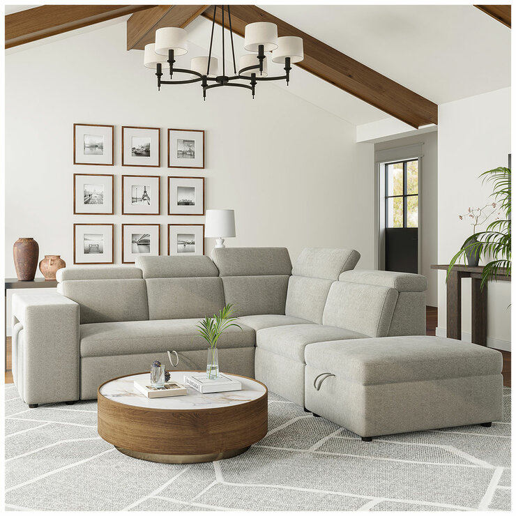 Valencia Finn Fabric Sectional Lounge Bed Right Storage Ottoman Light Grey