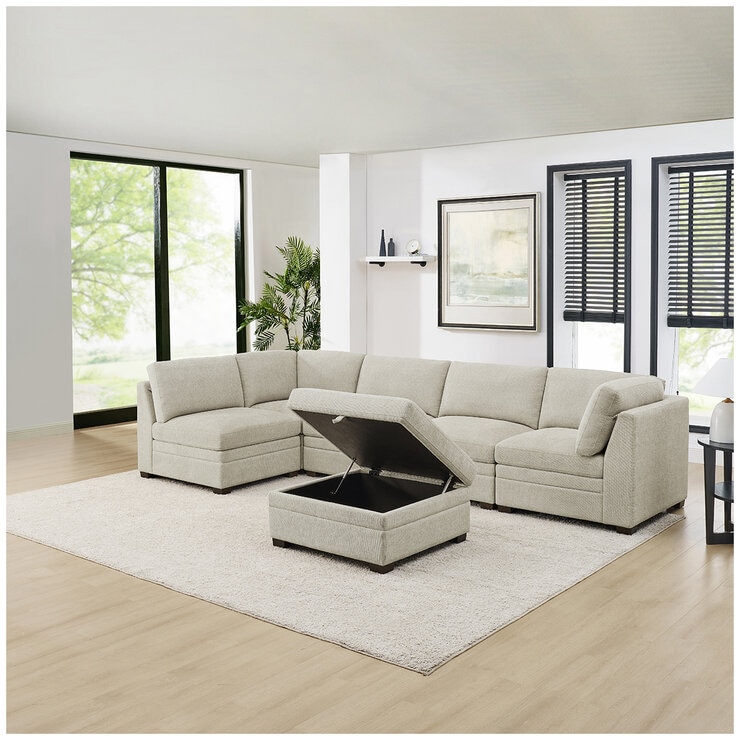 Thomasville 6 Piece Fabric Modular Sectional with Storage Ottoman/