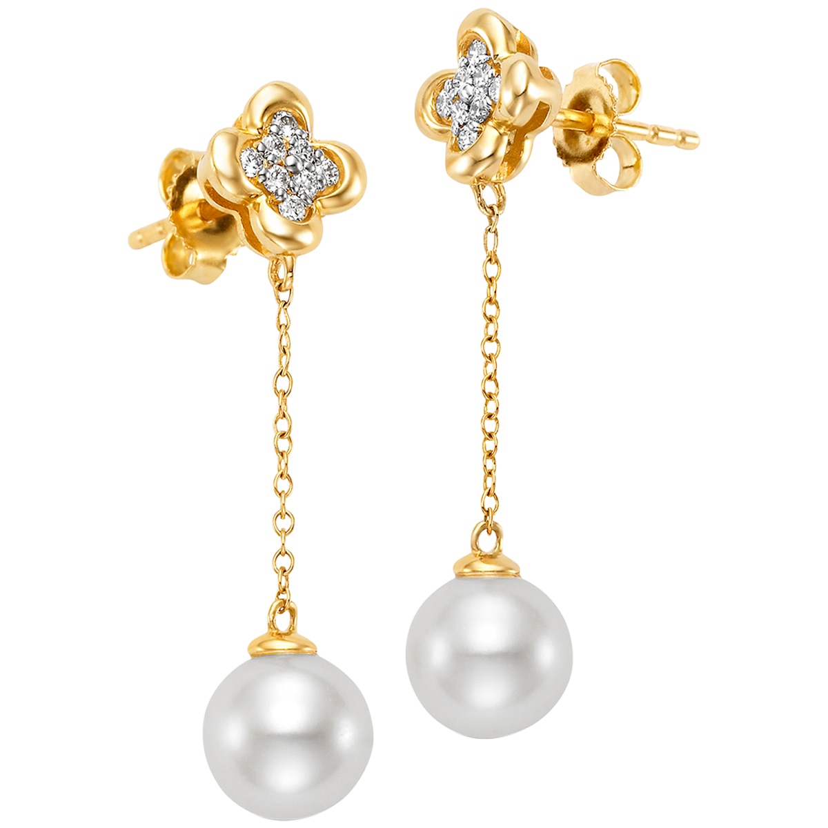 18KT Yellow Gold White Freshwater Pearl and Diamond Earrings - in depot