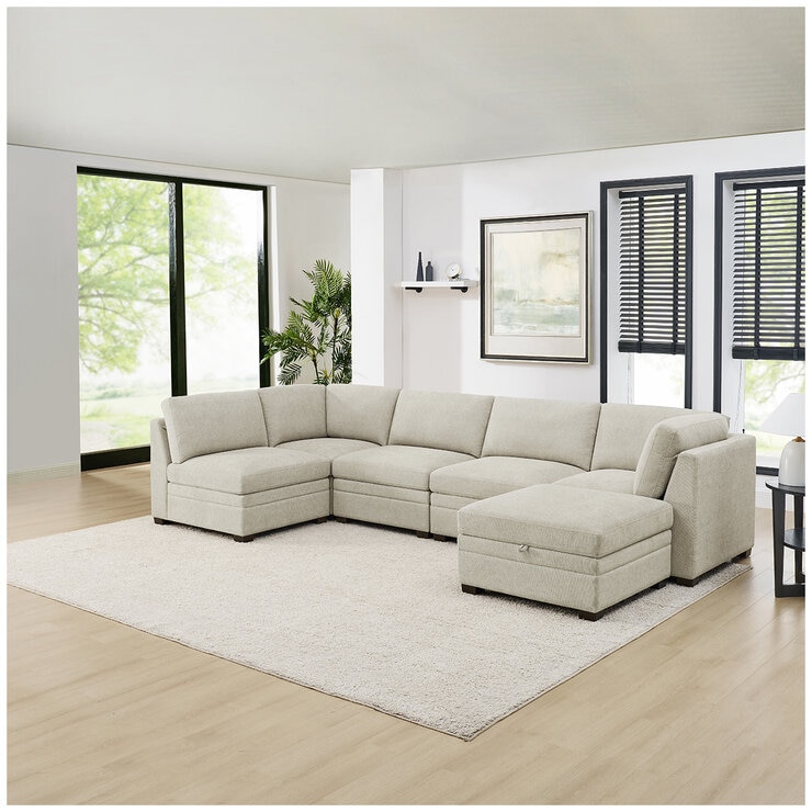 Thomasville 6 Piece Fabric Modular Sectional with Storage Ottoman/