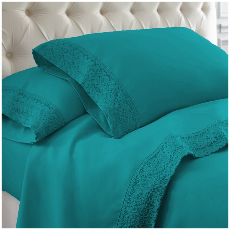 Kingtex Crochet-lace Microfibre Sheet Set 1500 Series Single - Teal/Teal Kingtex Crochet-lace Microfibre Sheet Set 1500 Series Single - Teal/Teal