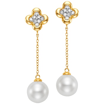 18KT Yellow Gold White Freshwater Pearl And Diamond Earrings