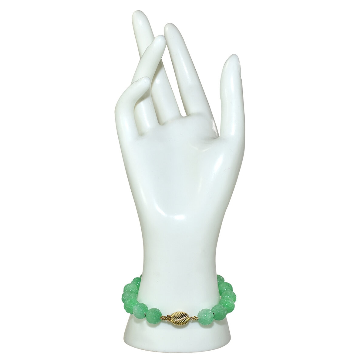 14KT YG Dyed Green Jade Carved Beads Knot Bracelet