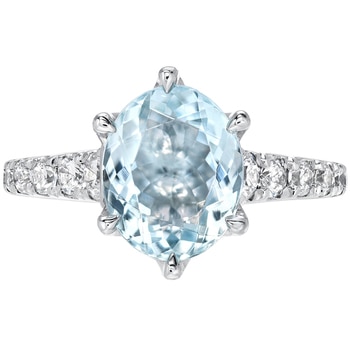 18KT White Gold Oval Aquamarine And Round Brilliant Cut 0.48ctw Diamond Ring