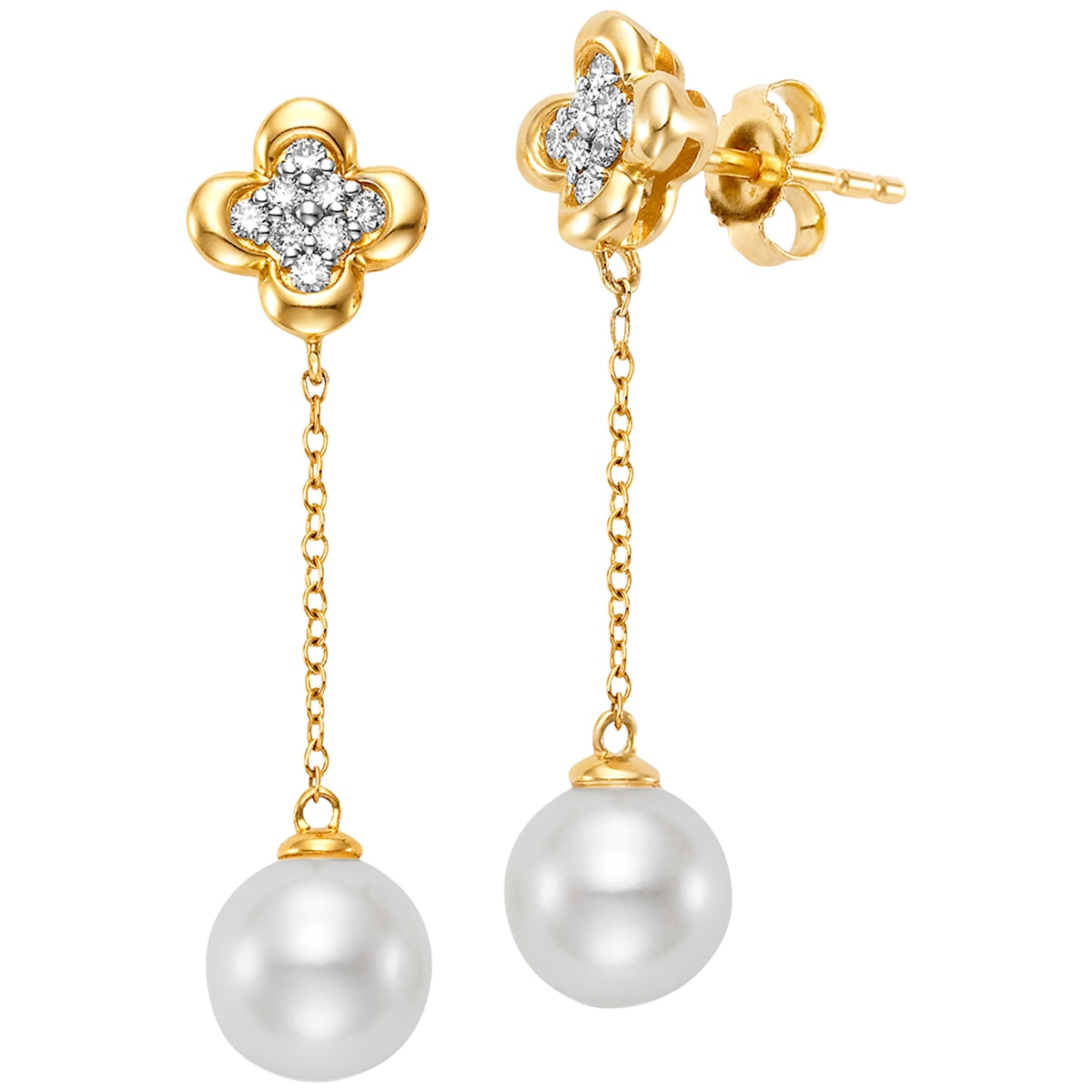 18KT Yellow Gold White Freshwater Pearl and Diamond Earrings - in depot