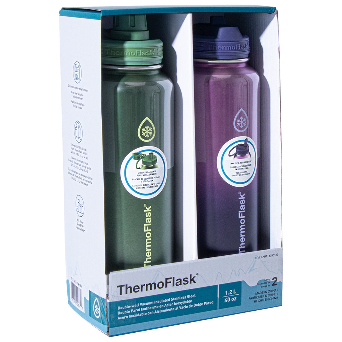 ThermoFlask Double Wall Stainless Steel Bottles With Spout And Straw Lid 2 Pack Green And Purple