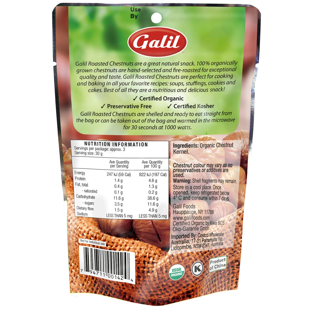 Galil Organic Roasted Chestnuts 10 x 100g