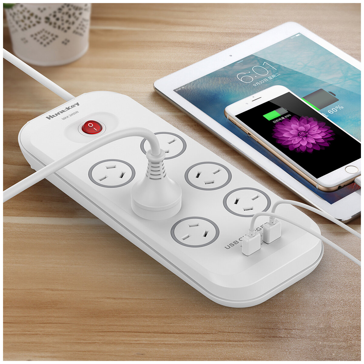 Huntkey 6 Way Powerboard With 2 USB Port And Surge Protection Pack 2 Piece